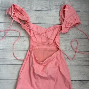 American Threads Pink Puff Sleeve Mini Dress Corset Lace Up Back Size S ♡
